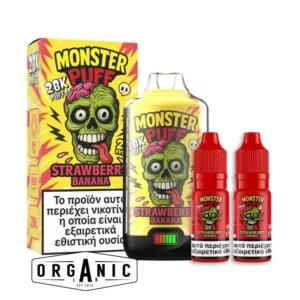 Monster Puff 28K Strawberry Banana 20mg Refillable Vape Kit 2ml + 2x10ml PACK