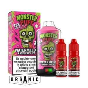 Monster Puff 28K Watermelon Raspberry Ice 20mg Refillable Vape Kit 2ml + 2x10ml pack